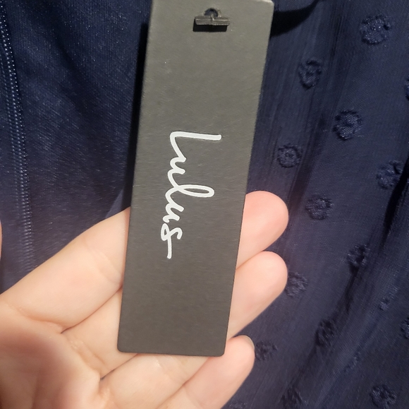 Lulu's Have Harmony Navy Blue Swiss Dot Ruffled Faux Wrap Midi Dress  sz Lrg NWT - Picture 5 of 11